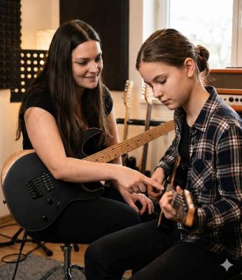 Teacher helping a student during a guitar lesson